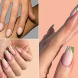 Elegancki zielony french na paznokciach. Delikatny róż i subtelne zielone linie tworzą nowoczesny french manicure.