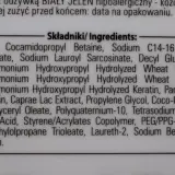 Składniki: Aqua, Cocamidopropyl Betaine, Sodium C14-16 Olefin Sulfonate, Sodium Lauroyl Sarcosinate, Decyl Glucoside, proteiny pszenicy, pantenol, gliceryna, mleko kozie.