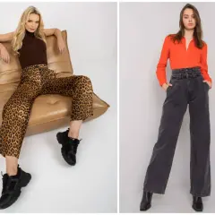 Dwie kobiety prezentują spodnie wide leg. Jedna w panterkę, druga w jeansie.