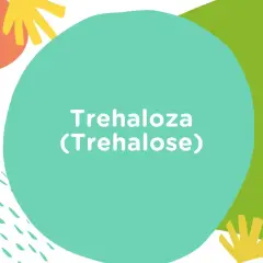 Kolorowe kształty i tekst "Trehaloza (Trehalose)". Ta substancja, trehaloza, jest cukrem występującym naturalnie.