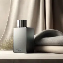Elegancka butelka perfum męskich, idealna do rankingu zapachów. Miękkie tkaniny i delikatne gałązki tworzą luksusową kompozycję.
