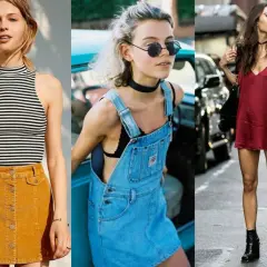 Trzy kobiety w stylizacjach inspirowanych modą lat 90.: w sztruksowej spódniczce, jeansowej sukience na szelkach i satynowej sukience.