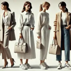 Sześć kobiet prezentuje styl casual: eleganckie płaszcze, spodnie i sukienki w stonowanych kolorach.