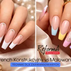 Dwie dłonie prezentują techniki zdobienia paznokci: klasyczny french konstrukcyjny z cyrkoniami i kolorowy french malowany z motywem płatka śniegu.
