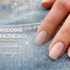 Delikatna hybryda na krótkich paznokciach w pastelowych odcieniach z subtelnymi drobinkami. Idealna propozycja na co dzień.