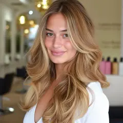 Uśmiechnięta kobieta z falowanymi, blond włosami ułożonymi w stylu fryzury butterfly.