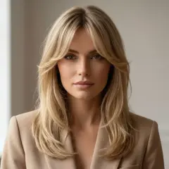 Kobieta z blond włosami i grzywką curtain bangs, w beżowej marynarce. Idealna fryzura dla każdej kobiety, która chce podkreślić swoją twarz.