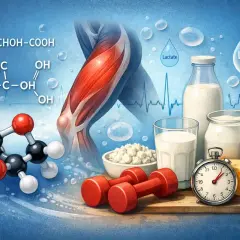 Mięśnie, odważniki i produkty mleczne. W tle wzory chemiczne kwasu mlekowego i krople z napisem "Lactate".