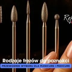 Pięć różnych frezów do paznokci, od grubego po drobny, obok perfekcyjnie wykonanego manicure.
