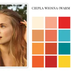 Młoda kobieta o ciepłym typie urody wiosna, obok paleta barw: kremowy, brzoskwiniowy, czerwony, limonkowy, pomarańczowy, koralowy, turkusowy, zielony, karmelowy, ceglasty, brązowy.