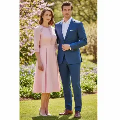 Elegancka stylizacja na chrzciny: kobieta w pudrowej sukience z koronką, mężczyzna w niebieskim garniturze.