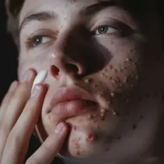 Młoda osoba z pryszczami na twarzy aplikuje krem. Czy sudocrem jest dobry na pryszcze? To pytanie nurtuje wielu.