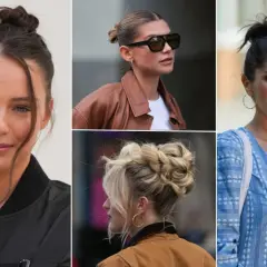 Kobiety w różnych stylizacjach z upięciami typu messy bun. Jedna ma luźny kok z grzywką, druga elegancki, a trzecia warkoczowy.