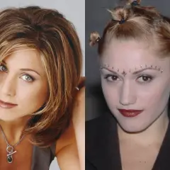 Ikony stylu lat 90. Jennifer Aniston z klasyczną fryzurą i Gwen Stefani z odważnym makijażem i kucykami.