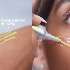 Dwa ujęcia: aplikacja serum na dłoń z informacją o redukcji głębokości porów o 42% i zbliżenie na twarz z aplikacją produktu na skórę, podkreślające jego działanie zwężające pory. celimax retinal shot.
