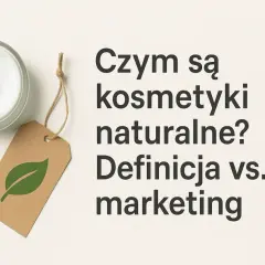 Słoik kremu, liść i etykieta z symbolem liścia. Tekst: "Czym są kosmetyki naturalne? Definicja vs. marketing". Fitokosmetik.