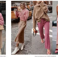 Stylizacje z różowymi swetrami i spodniami w odcieniach różu i beżu. Jaki to kolor? To elegancki beż, który świetnie komponuje się z pastelami.