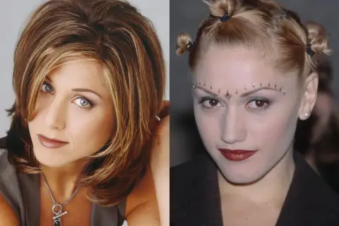 Ikony stylu lat 90. Jennifer Aniston z klasyczną fryzurą i Gwen Stefani z odważnym makijażem i kucykami.