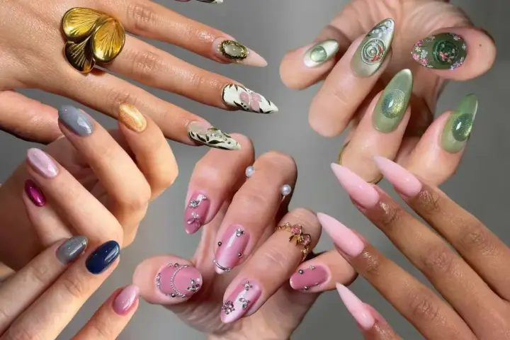 Mnóstwo inspiracji na eleganckie paznokcie: od pastelowych po zdobione kamieniami i wzorami.
