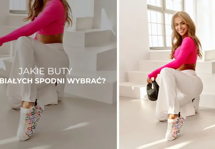 Kobieta w białych spodniach i różowym topie prezentuje białe sneakersy z kolorowymi serduszkami. Idealne pytanie: jakie buty do białych spodni wybrać?
