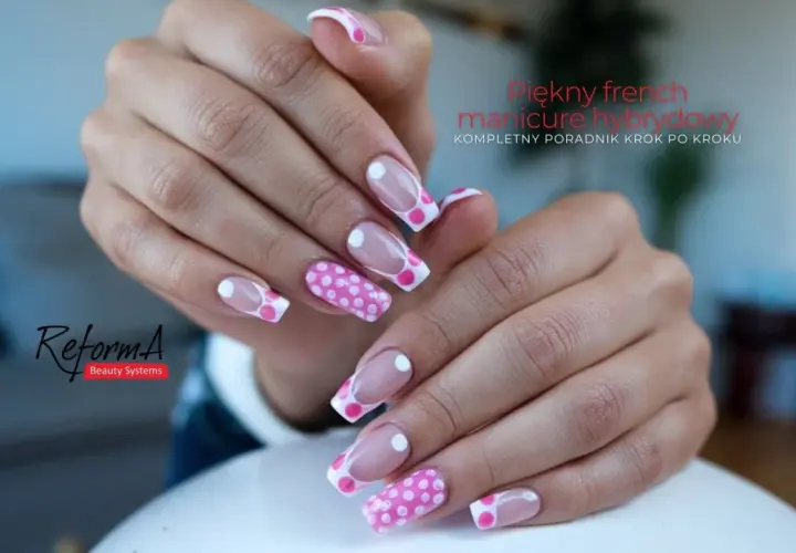 Uroczy french manicure hybrydowy w różowe kropki, idealny na letnie dni.