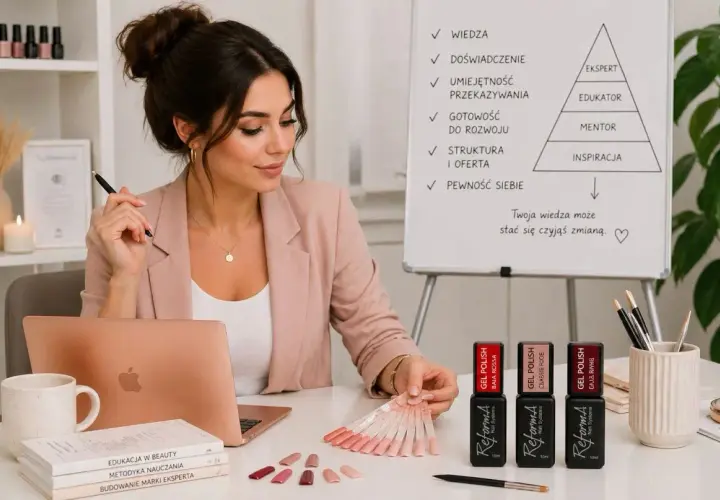 Ekspertka od stylizacji paznokci analizuje ceny, zastanawiając się, ile kosztuje pedicure. Na stole próbki lakierów i produkty.
