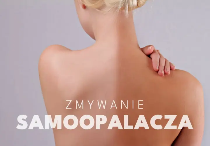 Kobieta z opalonymi plecami, tekst "Zmywanie samoopalacza".