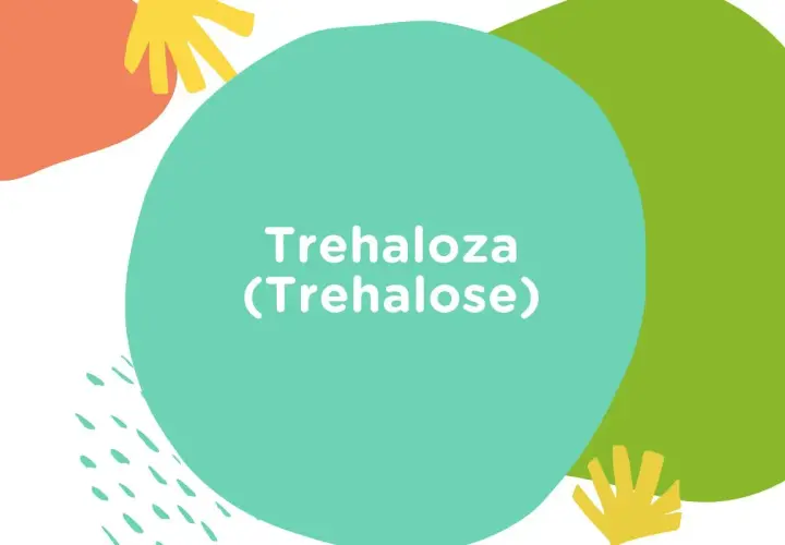 Kolorowe kształty i tekst "Trehaloza (Trehalose)". Ta substancja, trehaloza, jest cukrem występującym naturalnie.