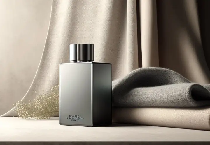 Elegancka butelka perfum męskich, idealna do rankingu zapachów. Miękkie tkaniny i delikatne gałązki tworzą luksusową kompozycję.