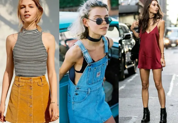 Trzy kobiety w stylizacjach inspirowanych modą lat 90.: w sztruksowej spódniczce, jeansowej sukience na szelkach i satynowej sukience.