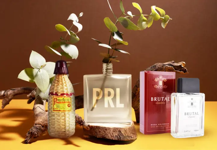 Wspomnienie PRL-u: Prastara woda kolońska w plecionej butelce i Brutal Classic – dawne perfumy z Pewexu.