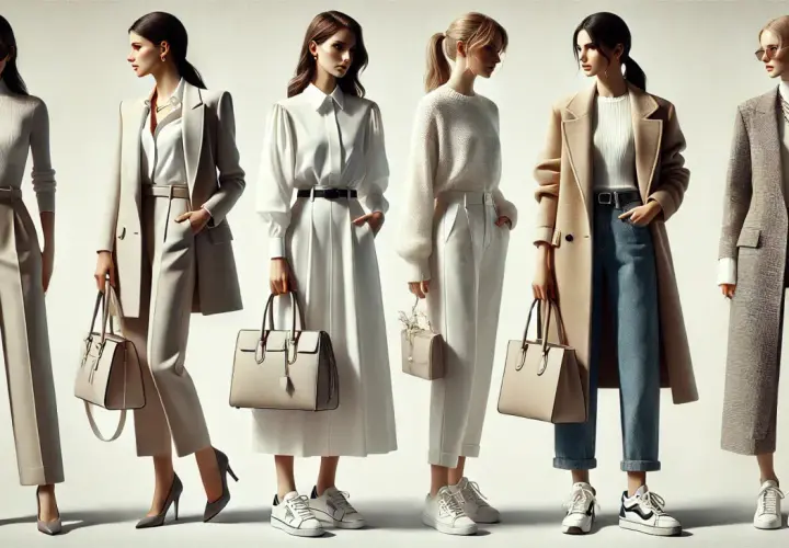 Sześć kobiet prezentuje styl casual: eleganckie płaszcze, spodnie i sukienki w stonowanych kolorach.