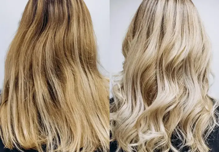 Przed i po: matowe, ciemne blond włosy zyskały blask i objętość dzięki subtelnemu balejażowi blond.