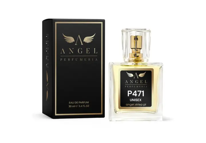 Eleganckie perfumy Angel P471 Unisex. Złote skrzydła i czarne opakowanie sugerują magiczne perfumy, opinie o których warto sprawdzić.