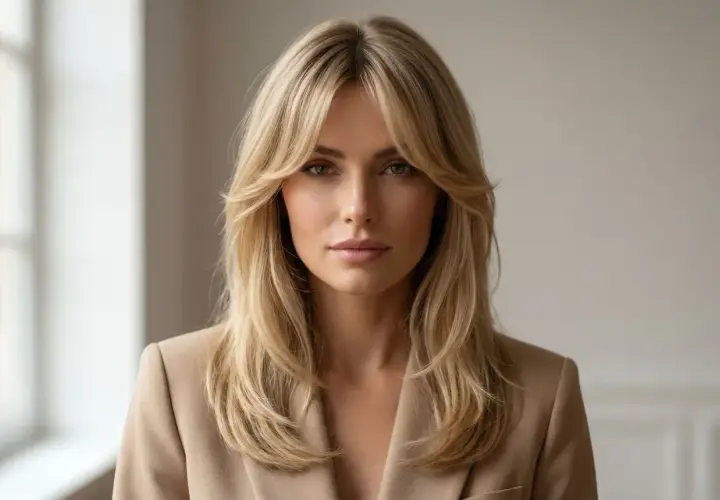 Kobieta z blond włosami i grzywką curtain bangs, w beżowej marynarce. Idealna fryzura dla każdej kobiety, która chce podkreślić swoją twarz.