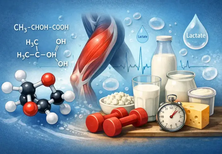 Mięśnie, odważniki i produkty mleczne. W tle wzory chemiczne kwasu mlekowego i krople z napisem "Lactate".