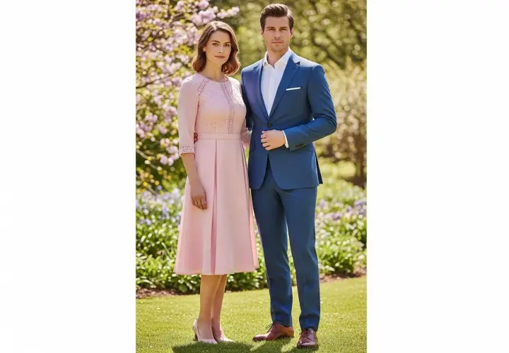 Elegancka stylizacja na chrzciny: kobieta w pudrowej sukience z koronką, mężczyzna w niebieskim garniturze.