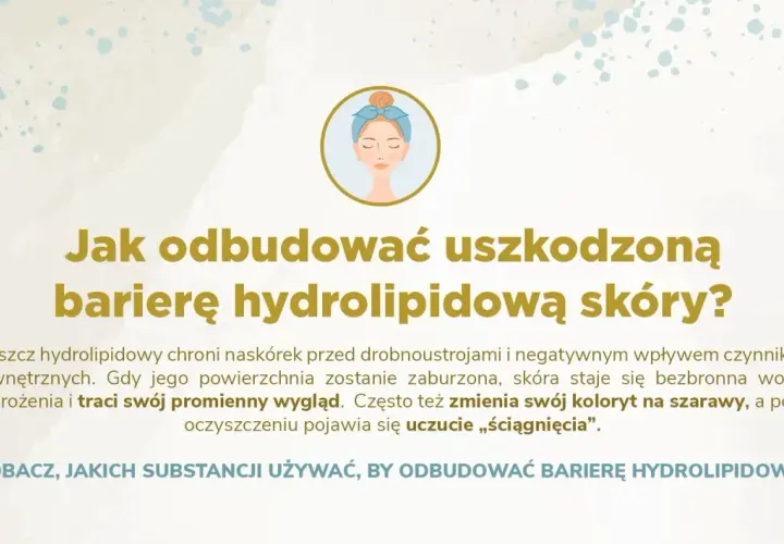 Grafika z pytaniem "Jak odbudować uszkodzoną barierę hydrolipidową skóry?". Wzmianka o kwasie linolowym jako kluczowym składniku odbudowy.