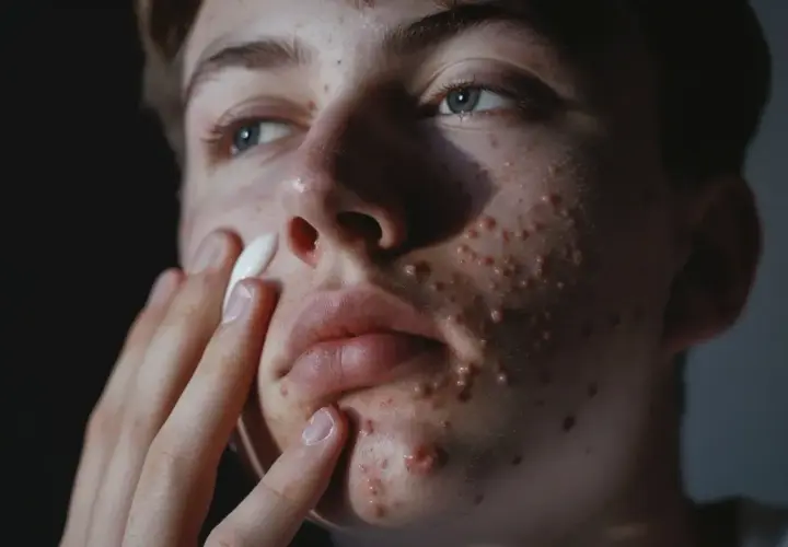 Młoda osoba z pryszczami na twarzy aplikuje krem. Czy sudocrem jest dobry na pryszcze? To pytanie nurtuje wielu.