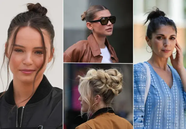 Kobiety w różnych stylizacjach z upięciami typu messy bun. Jedna ma luźny kok z grzywką, druga elegancki, a trzecia warkoczowy.