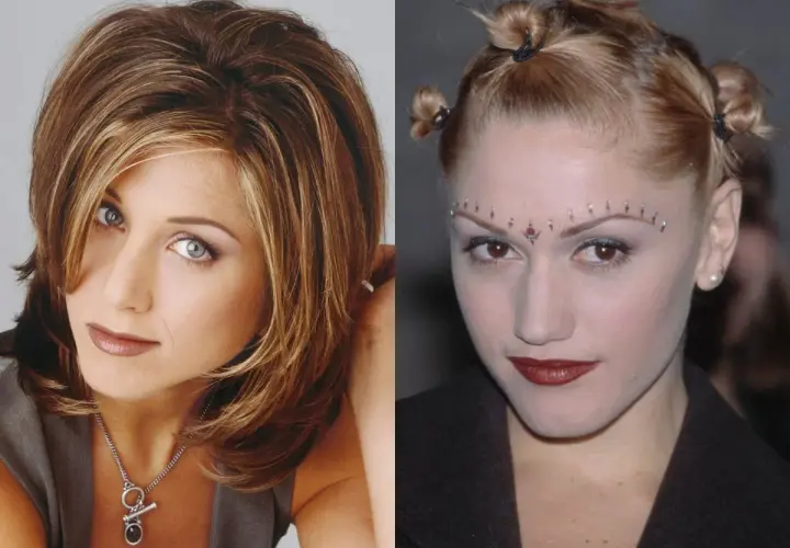 Ikony stylu lat 90. Jennifer Aniston z klasyczną fryzurą i Gwen Stefani z odważnym makijażem i kucykami.
