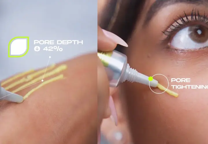 Dwa ujęcia: aplikacja serum na dłoń z informacją o redukcji głębokości porów o 42% i zbliżenie na twarz z aplikacją produktu na skórę, podkreślające jego działanie zwężające pory. celimax retinal shot.