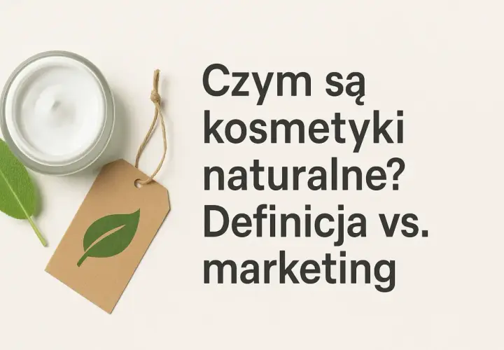 Słoik kremu, liść i etykieta z symbolem liścia. Tekst: "Czym są kosmetyki naturalne? Definicja vs. marketing". Fitokosmetik.