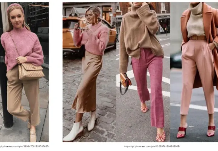Stylizacje z różowymi swetrami i spodniami w odcieniach różu i beżu. Jaki to kolor? To elegancki beż, który świetnie komponuje się z pastelami.