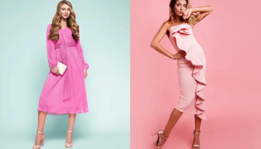 Dwie kobiety w różowych sukienkach. Jedna w długiej, plisowanej, druga w krótkiej z falbanami. Obie prezentują eleganckie, cieliste szpilki, idealne jako buty do różowej sukienki.