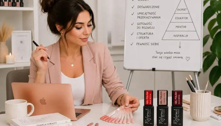 Ekspertka od stylizacji paznokci analizuje ceny, zastanawiając się, ile kosztuje pedicure. Na stole próbki lakierów i produkty.