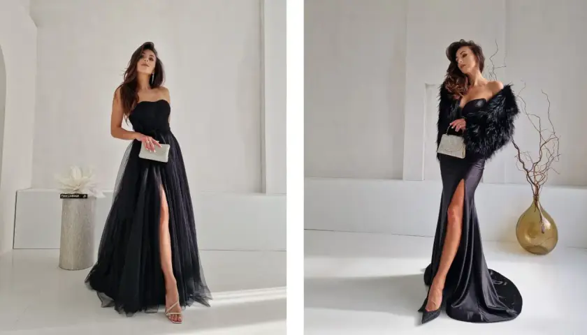 Eleganckie, błyszczące szpilki i sandałki na obcasie to idealne buty do czarnej sukienki na specjalne okazje.