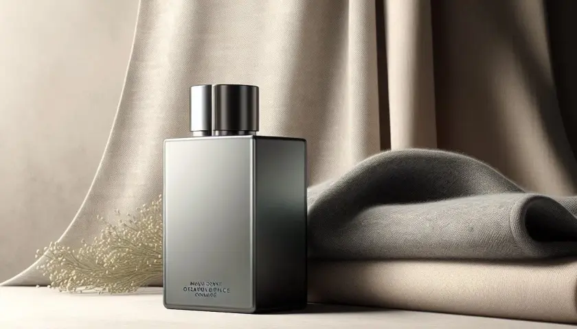 Elegancka butelka perfum męskich, idealna do rankingu zapachów. Miękkie tkaniny i delikatne gałązki tworzą luksusową kompozycję.