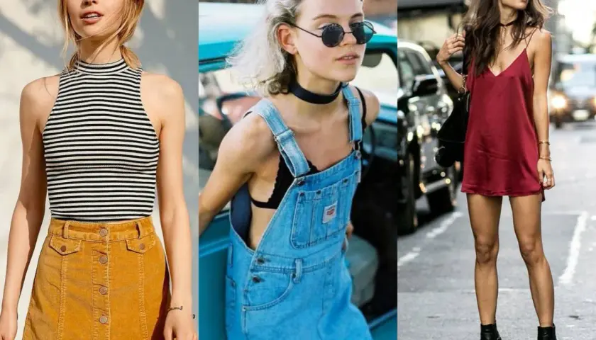 Trzy kobiety w stylizacjach inspirowanych modą lat 90.: w sztruksowej spódniczce, jeansowej sukience na szelkach i satynowej sukience.