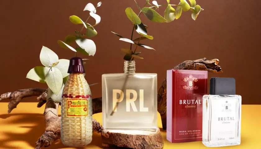 Wspomnienie PRL-u: Prastara woda kolońska w plecionej butelce i Brutal Classic – dawne perfumy z Pewexu.